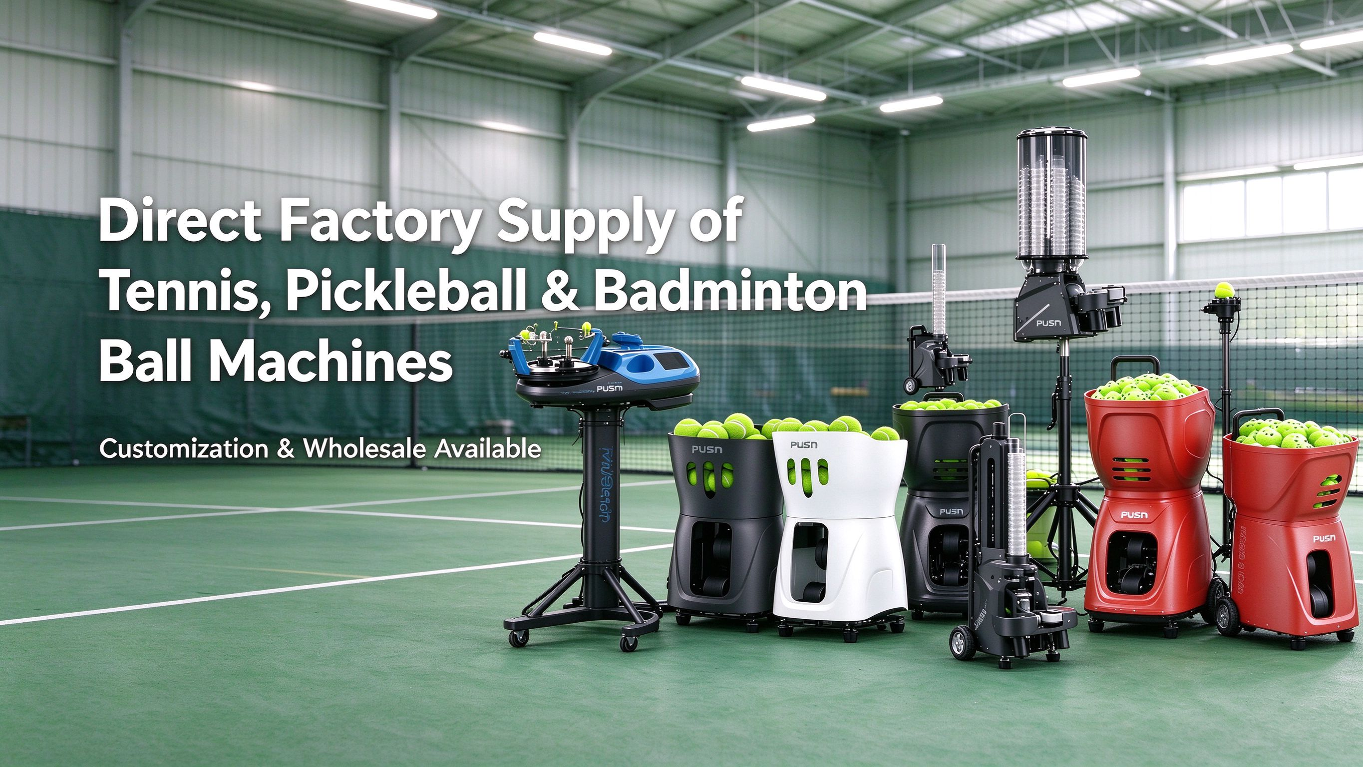 A range of ball machines displayed on an indoor court. Factory-direct sales of tennis, pickleball and badminton ball machines, with wholesale and model-specific customization available.
