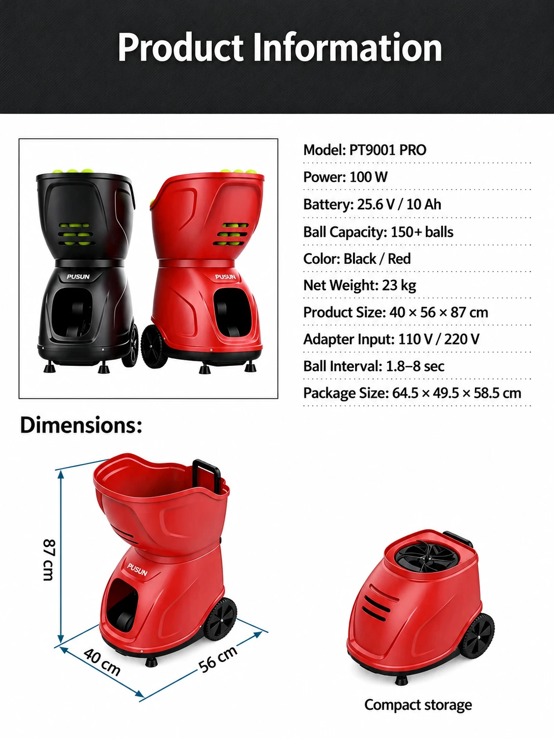 PT9001 PRO — PT9001 Pro product information and dimensions graphic
