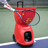 Red PUSUN PT9001 PRO tennis ball machine with a player holding a racket