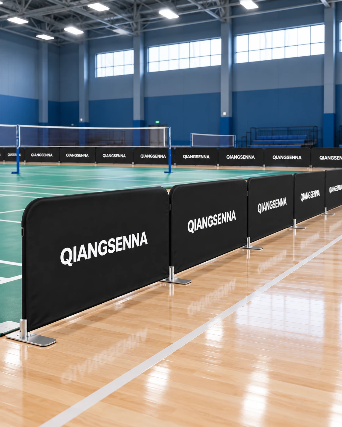 Black QIANGSENNA barriers in an indoor badminton hall