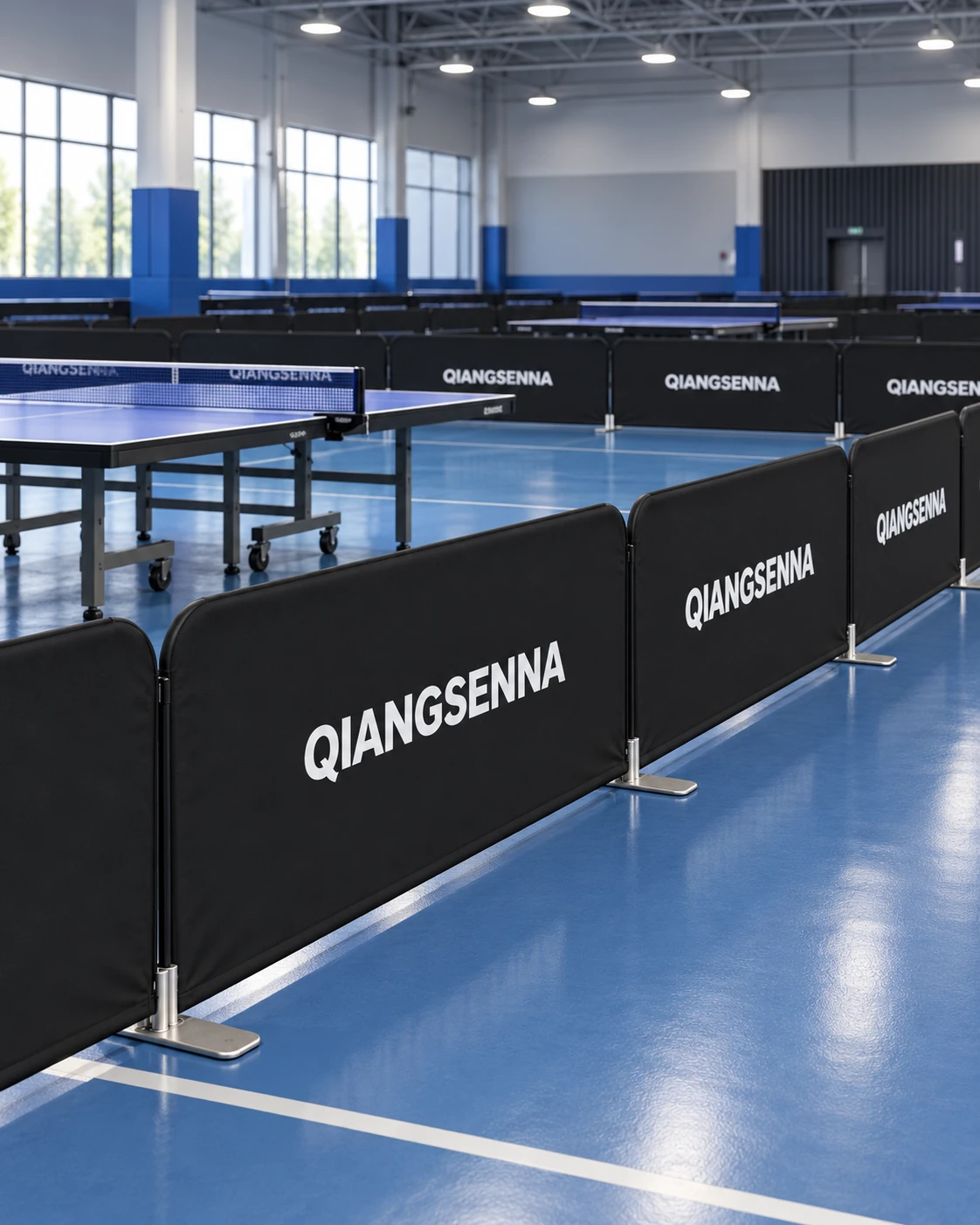 Black court barriers around an indoor table tennis area