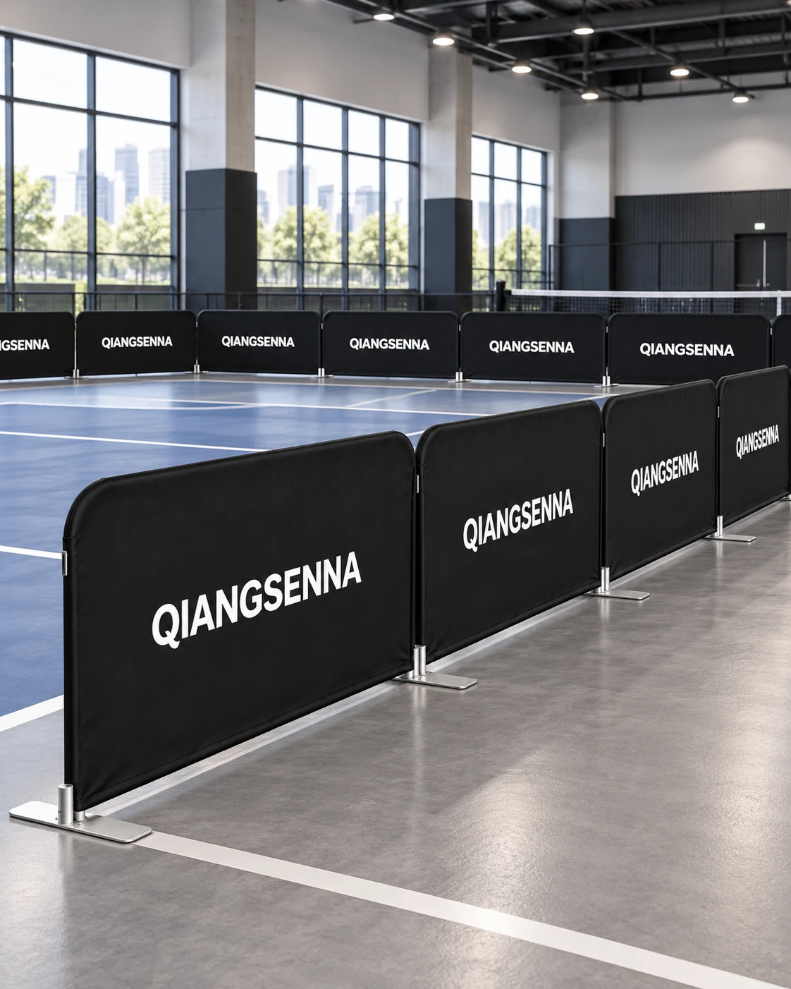 Black QIANGSENNA modular barriers inside a sports hall