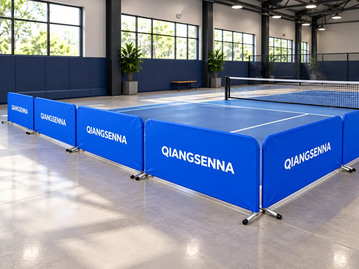 Blue modular barriers defining an indoor pickleball court