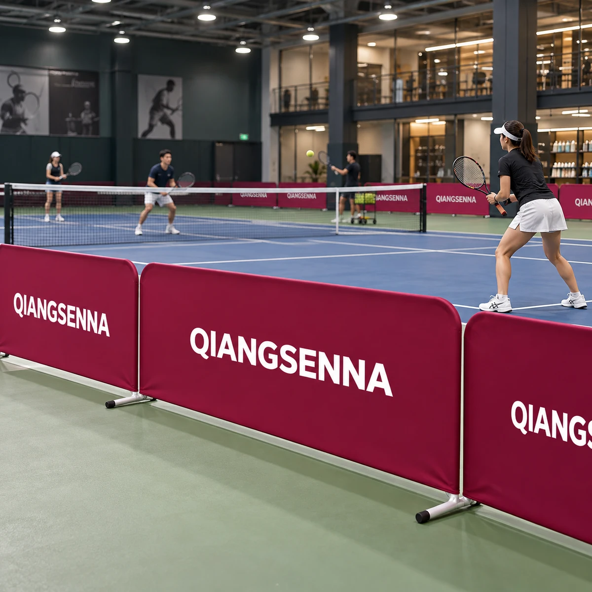 Burgundy modular court barriers beside an indoor tennis court