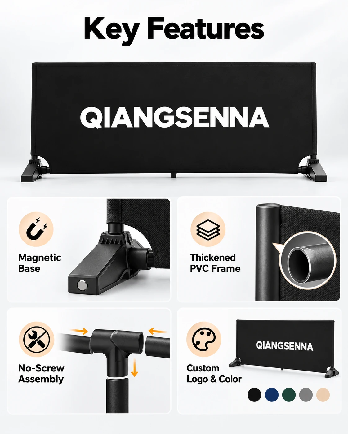 PVC barrier frame, magnetic support base, assembly joints and custom logo details