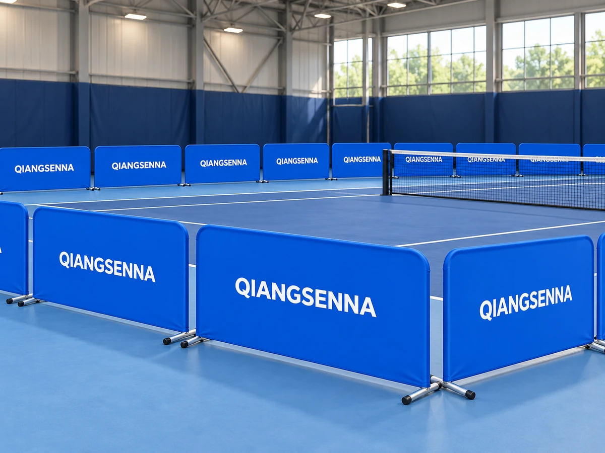 Blue stretch fabric barriers arranged around an indoor court