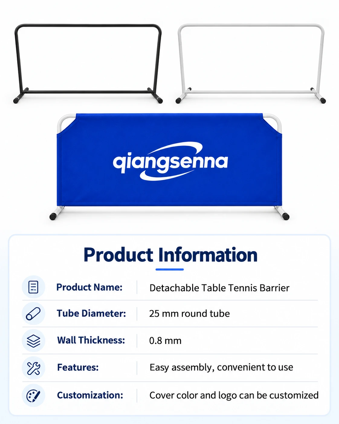 Barrier product information with frame color options, tube dimensions and cover customization