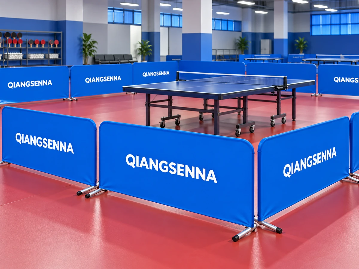 Blue modular barriers surrounding a table tennis area