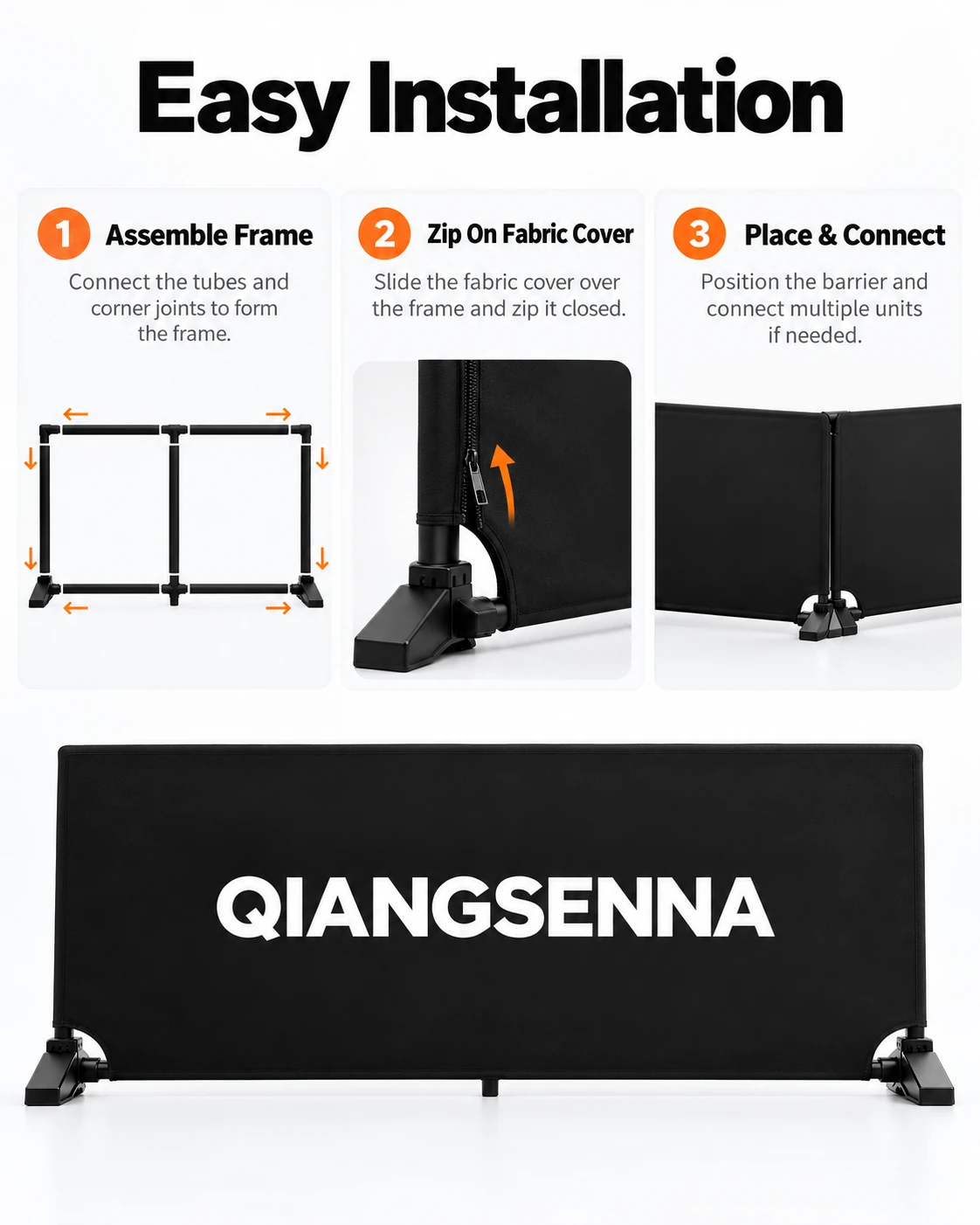 Frame assembly, removable fabric cover and modular court barrier placement