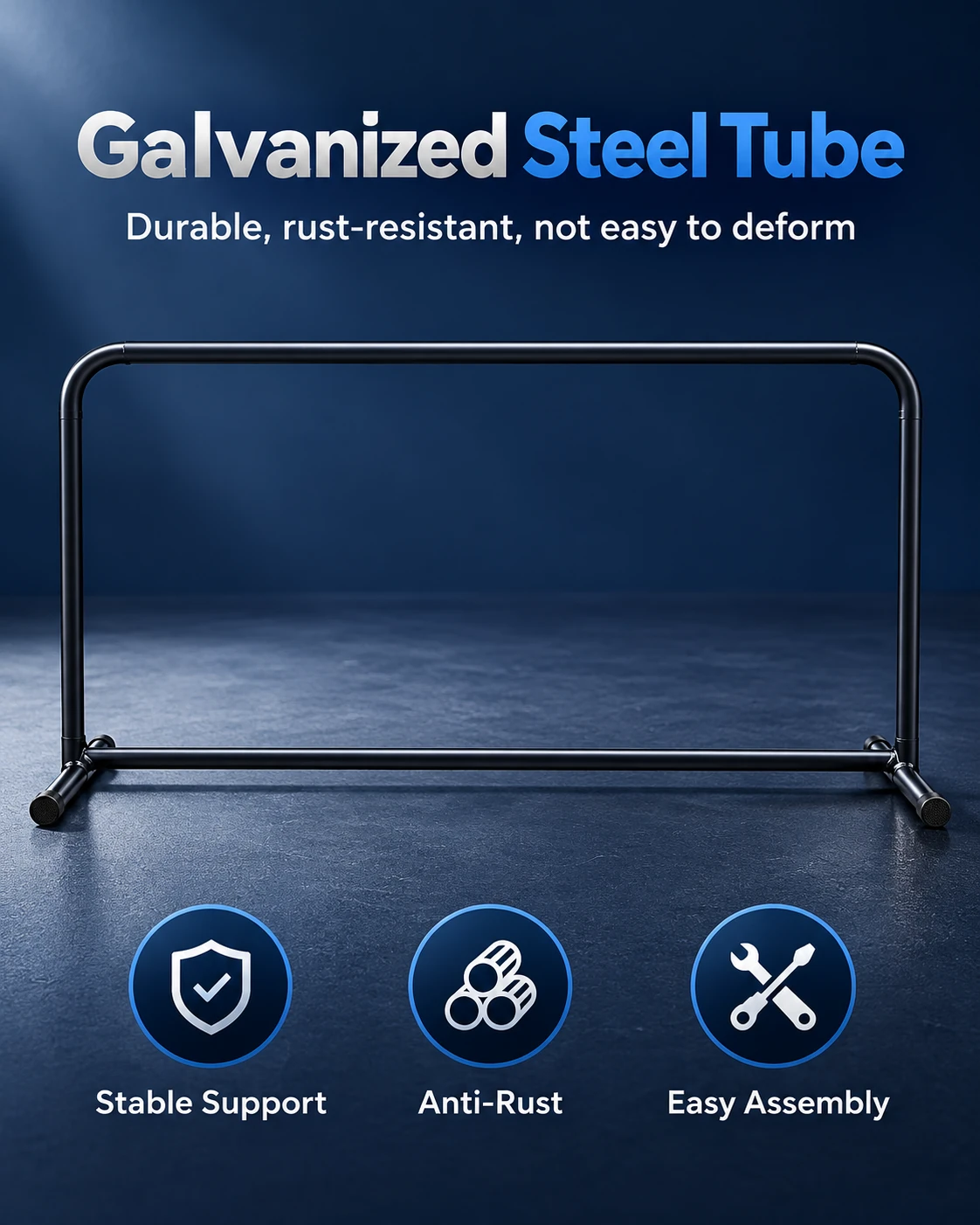 Galvanized steel barrier frame with stable support and easy assembly illustration