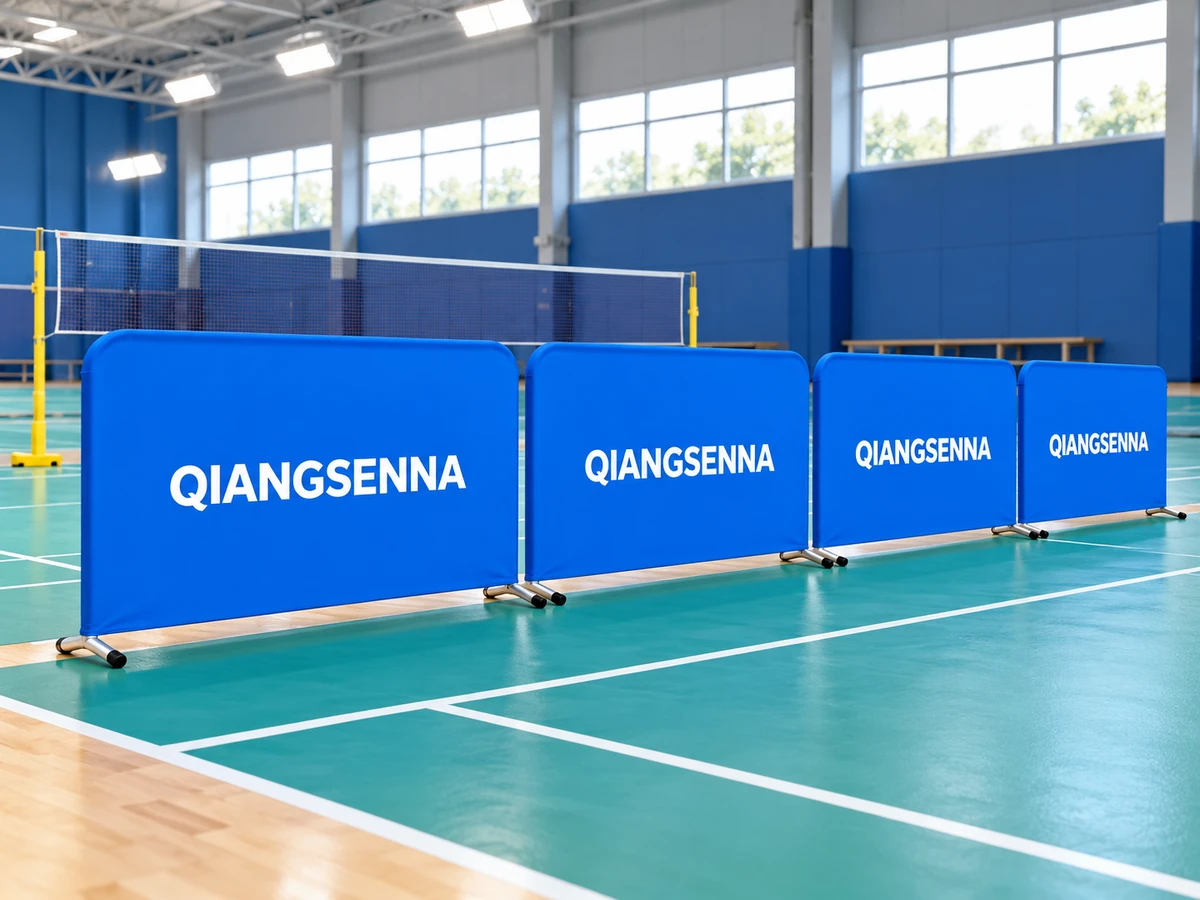 Blue stretch fabric barriers arranged inside a badminton hall