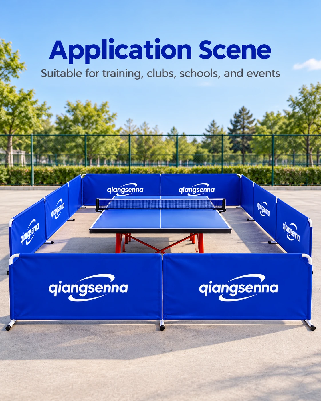Blue Qiangsenna barriers surrounding an outdoor table tennis playing area
