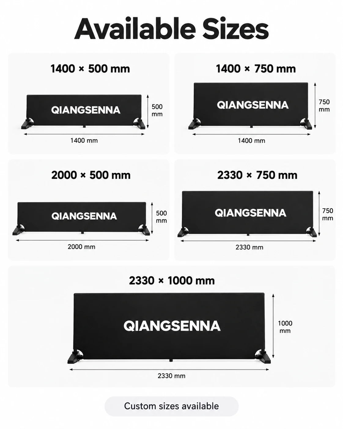 Illustration of selected PVC barrier sizes in millimeters; all seven order sizes are listed in the selector