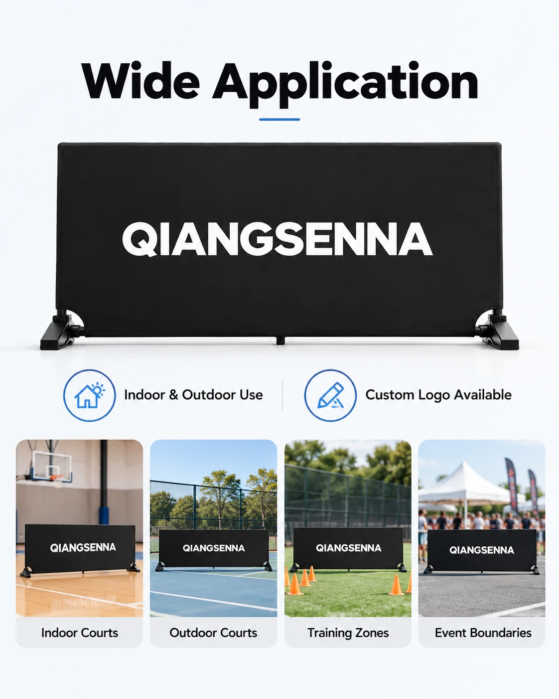 Court barrier applications for indoor courts, outdoor courts, training zones and events