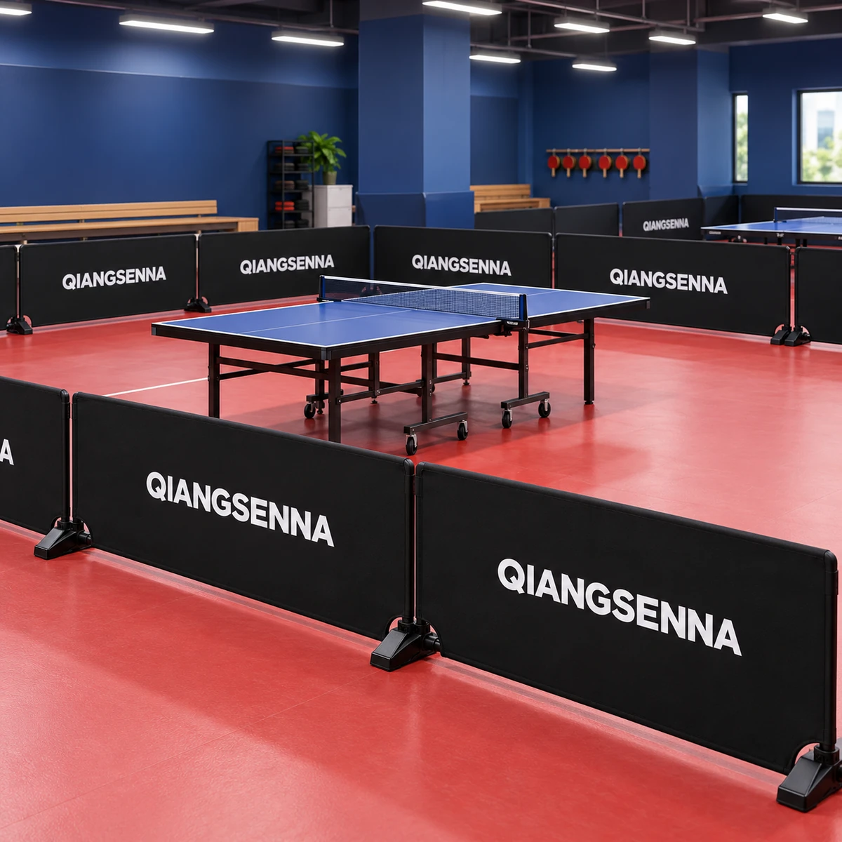Black QIANGSENNA PVC barriers around an indoor table tennis area