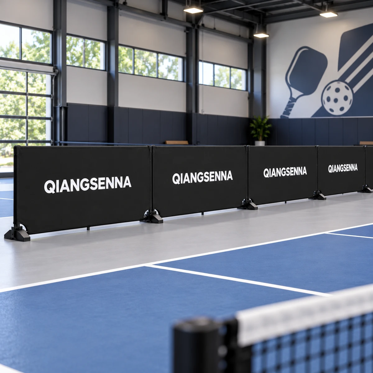 Black modular PVC barriers in an indoor pickleball venue