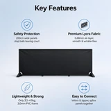 Illustrative PVC court barrier features including Lycra fabric and fastening