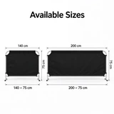 Barrier size illustration showing 140 by 75 cm and 200 by 75 cm options